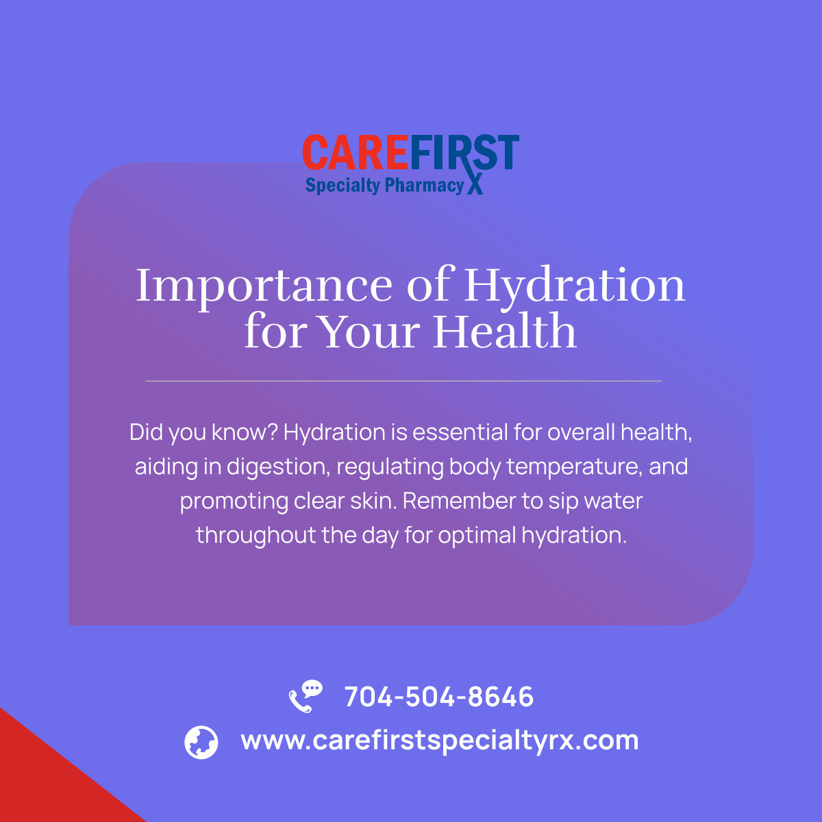 Staying hydrated is key to feeling your best! Keep your body happy and healthy by drinking enough water daily. 

#CharlotteNC #RetailPharmacy #HydrationTips #WellnessWednesday #HealthyLiving