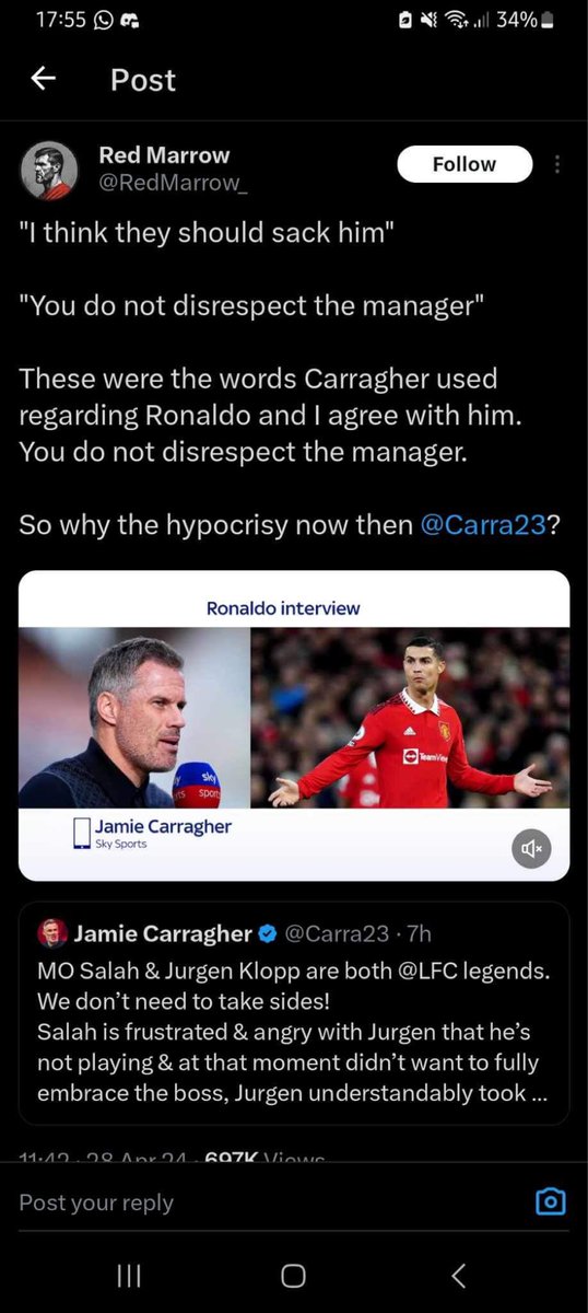 Just to remind everyone this is exactly what carragher said after the Ronaldo ten hag spat 
Now I’m going to post his recent comments about the salah klopp spat and why therefore he should be sacked straight away