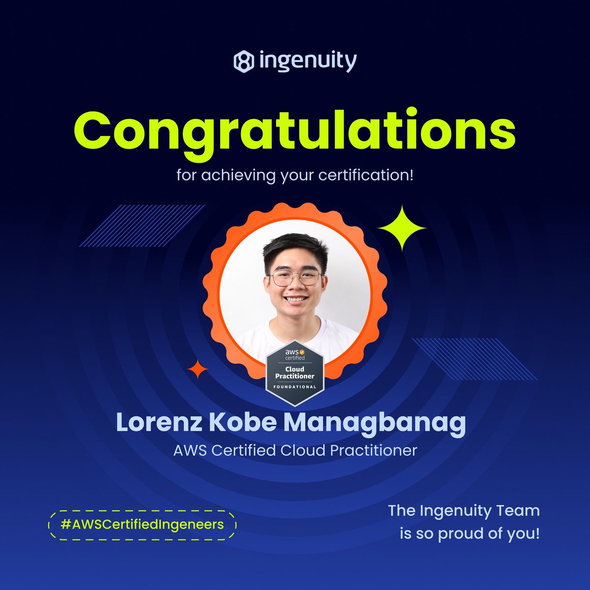 ingenuity_ph's tweet photo. 𝗜𝗻𝗴𝗲𝗻𝗲𝗲𝗿𝘀🤝𝗔𝗪𝗦 𝗖𝗲𝗿𝘁𝗶𝗳𝗶𝗲𝗱 𝗖𝗹𝗼𝘂𝗱 𝗣𝗿𝗮𝗰𝘁𝗶𝘁𝗶𝗼𝗻𝗲𝗿

Big cheers to our star developers—Lorenz Kobe Managbanag, Gian Paolo Duguran, and Kyle Nathan Naranjo—for becoming the latest cohort of AWS Certified Cloud Practitioners! 📷

#AWS #Certification https://t.co/V6mTzlQeWy