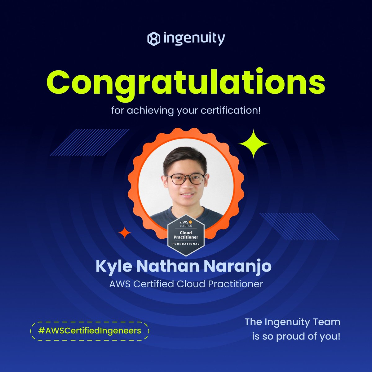 ingenuity_ph's tweet photo. 𝗜𝗻𝗴𝗲𝗻𝗲𝗲𝗿𝘀🤝𝗔𝗪𝗦 𝗖𝗲𝗿𝘁𝗶𝗳𝗶𝗲𝗱 𝗖𝗹𝗼𝘂𝗱 𝗣𝗿𝗮𝗰𝘁𝗶𝘁𝗶𝗼𝗻𝗲𝗿

Big cheers to our star developers—Lorenz Kobe Managbanag, Gian Paolo Duguran, and Kyle Nathan Naranjo—for becoming the latest cohort of AWS Certified Cloud Practitioners! 📷

#AWS #Certification https://t.co/V6mTzlQeWy