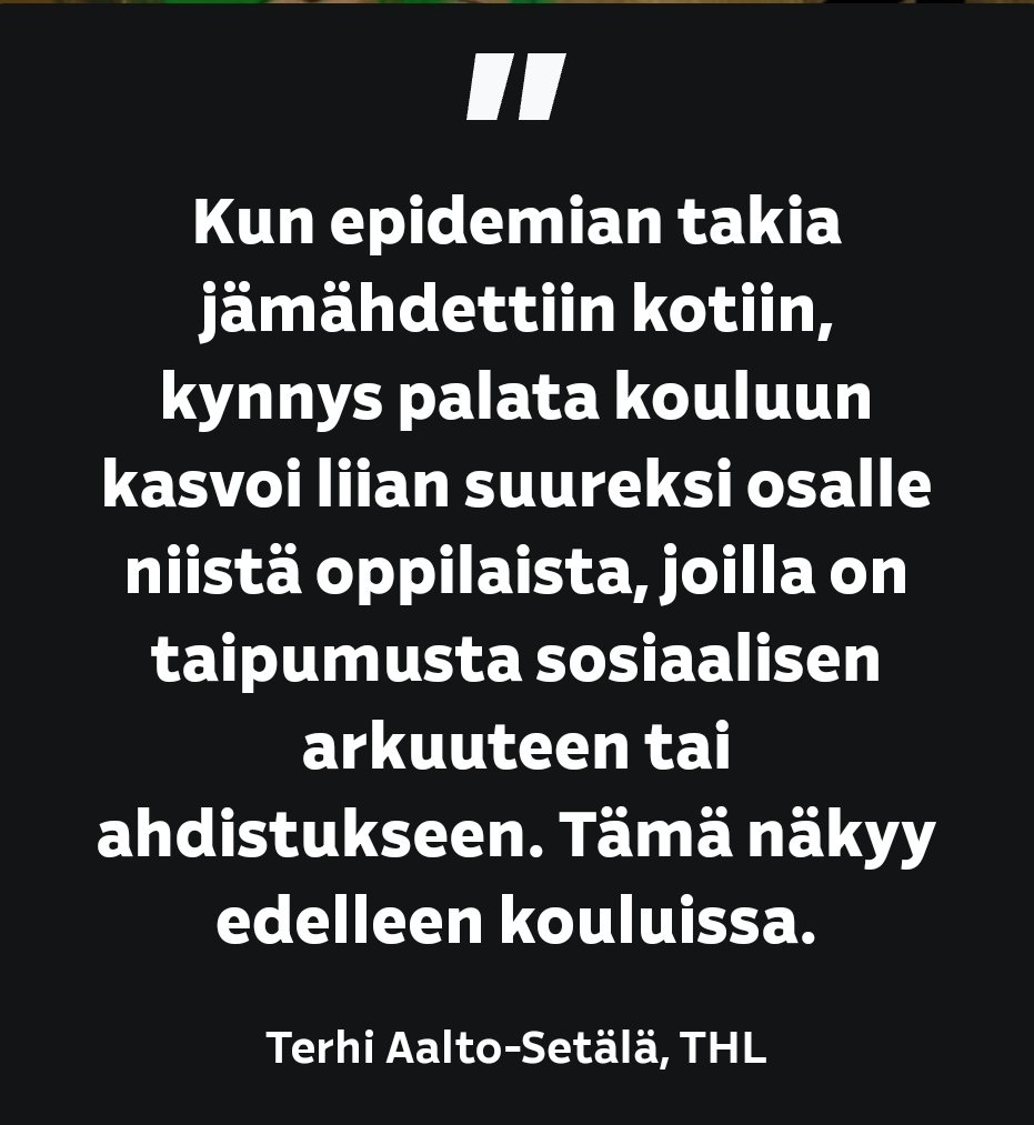 Entä jos syy-seuraussuhde on joidenkin kohdalla toisin: etä osoitti että oppimisrauha on tärkeä? 

Etäkoulu oli monelle merkittävä ahaa-kokemus: aistikuorma poistui, sosiaaliset tilanteet olivat hallittavissa, sai kokea oppimisen iloa. #Neurovähemmistö 
yle.fi/aihe/a/20-1000…