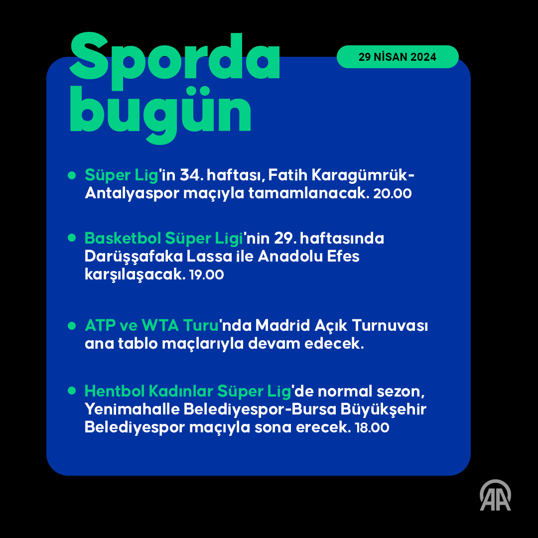 🏆 Süper Lig'in 34. haftası, Fatih Karagümrük-Antalyaspor maçıyla tamamlanacak. 🎾 ATP ve WTA Turu'nda Madrid Açık Turnuvası ana tablo maçlarıyla devam edecek. ➡️ Spor gündem👇