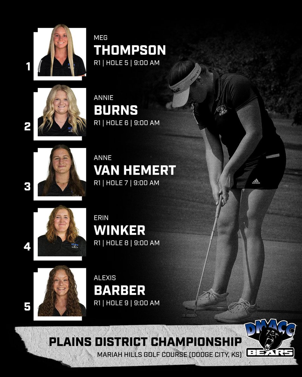 The DMACC Women's golf team is competing in Dodge City, Kansas  for the Plains District Championship at the Mariah Hills Golf Course! This will be a two day tournment with a shotgun start both days. 

Monday, April 29 will start at 9:00 am.