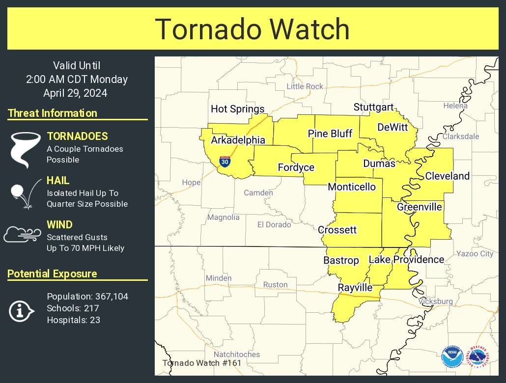 A tornado watch has been issued for parts of Arkansas, Louisiana and Mississippi until 2 AM CDT