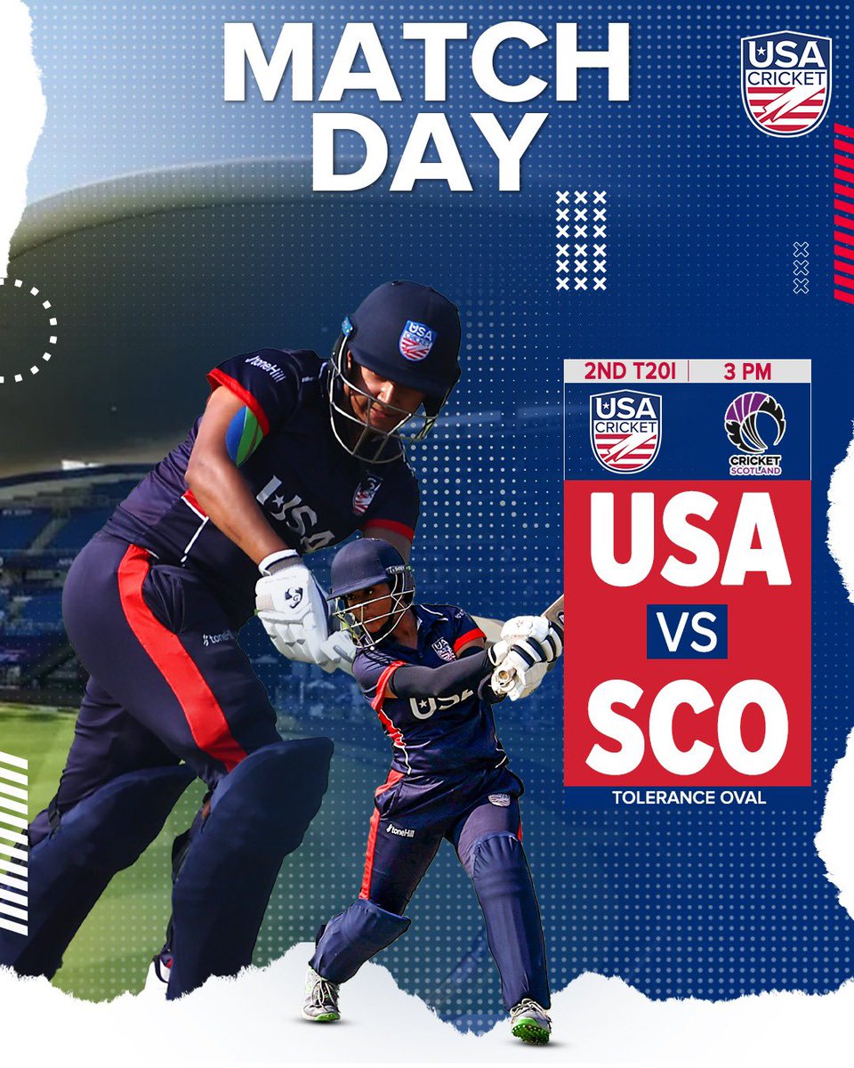 🚨GAME DAY in Abu Dhabi! 

USA fans, get ready for USA’s second match tomorrow as we take on Scotland. #LetsGoUSA 🇺🇸 📣

🏏 USA 🆚 Scotland
⏰ 4:00 AM PDT | 6:00 AM CDT | 7:00 AM EDT
📍Abu Dhabi, UAE
📺 ICC.tv

#WeAreUSACricket 🇺🇸