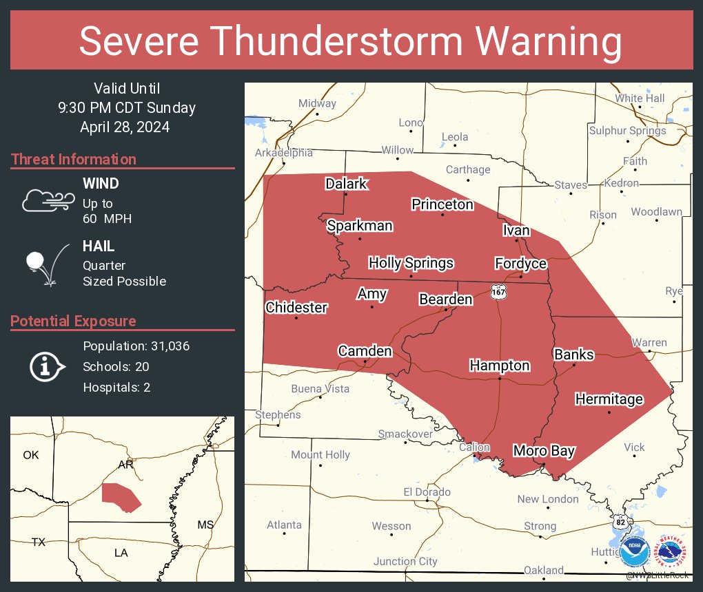 Severe Thunderstorm Warning including Camden AR, Fordyce AR and Hampton AR until 9:30 PM CDT