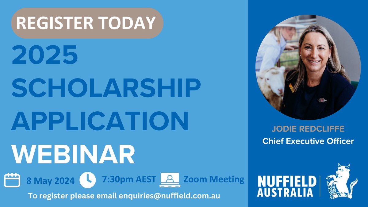 TWO DAYS LEFT TO REGISTER FOR OUR SCHOLARSHIP Q&A WEBINAR 💻 📅 Wednesday 1st May at 7:30pm AEST 📨 Email enquiries@nuffield.com.au to register To find out more or apply today, visit nuffield.com.au/how-to-apply #nuffieldag #ausag #aussiefarmers #youngfarmers #futurefarmers