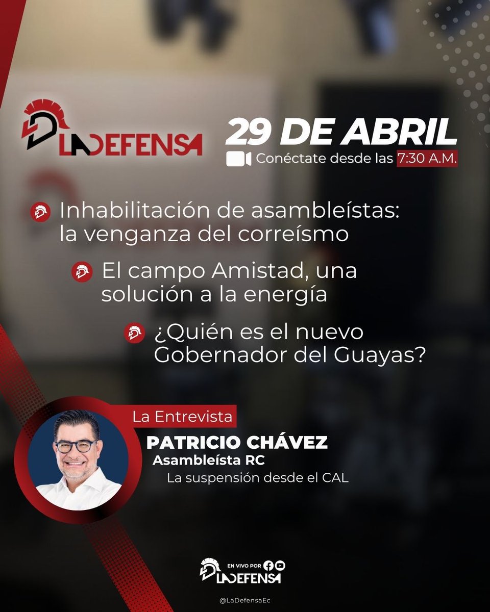 LaDefensaEc's tweet photo. ✅Inicia la última semana de abril con toda la información más importante, solo en #LaDefensaEc.
➡️ En #LaEntrevista, nos acompaña @AsPatoChavez.
👀Sigue nuestro programa #Contralanza, desde las 07:30am. https://t.co/iODWgEoe6N