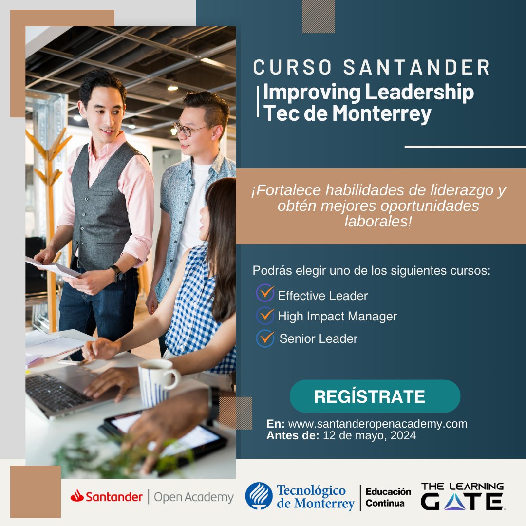 📌 ¡Eres profesionista con experiencia y te gustaría fortalecer tu liderazgo!
Toma este curso y obtén un certificado por parte del Tec de Monterrey
▶ Inscríbete en bit.ly/3ImwVup

📅 Antes del 12 de mayo, 2024
#SantanderUniMx #CursoSantander