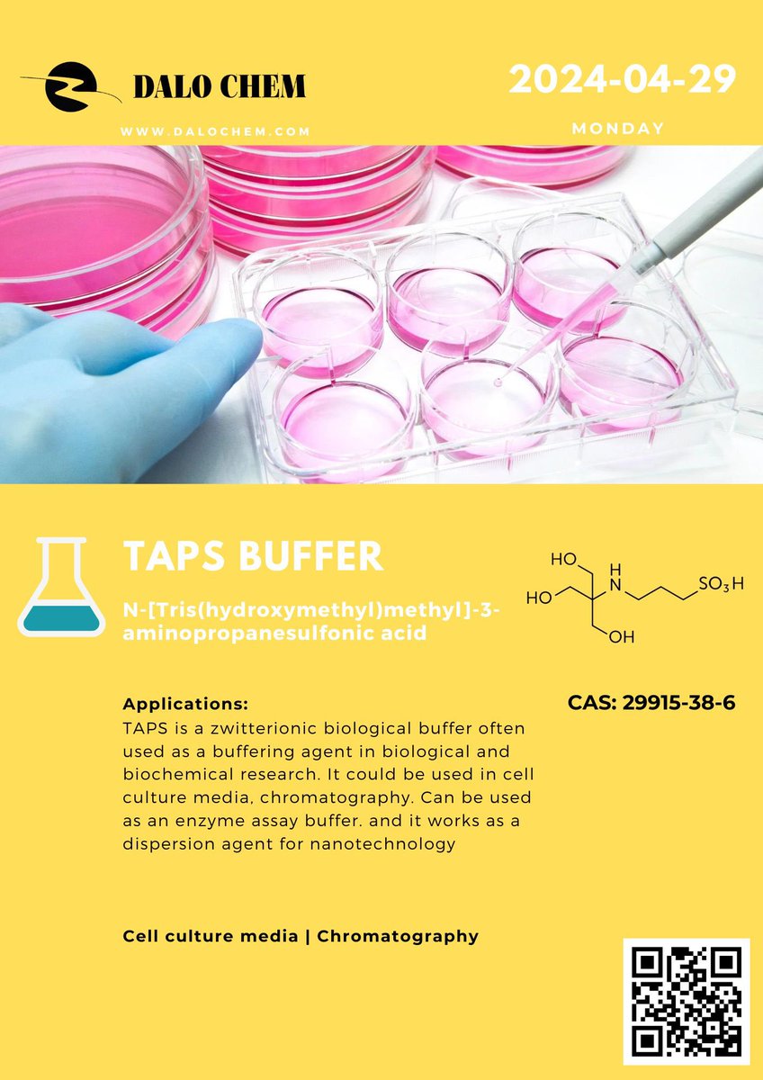 TAPS is a zwitterionic biological buffer often used as a buffering agent in biological and biochemical research. It could be used in cell culture media, chromatography. Can be used as an enzyme assay buffer. and it works as a dispersion agent for nanotechnology.