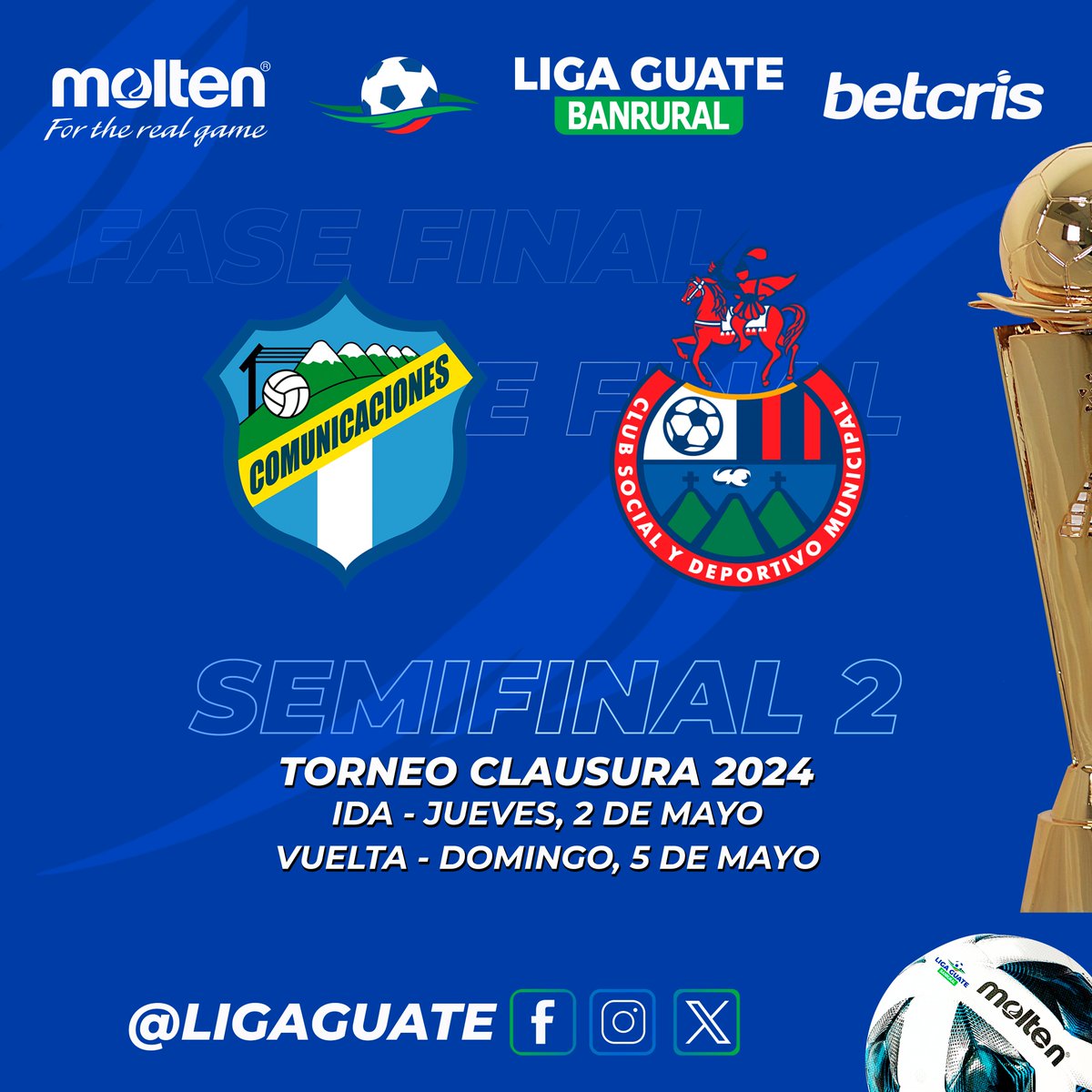 OFICIAL ✅🏆⚽️

@CremasOficial y @Rojos_Municipal disputarán la segunda semifinal del Torneo #Clausura2024 de la #LigaGuateBanrural. 

🤑 #BetcrisGuate I ⚽️ #MoltenGuatemala I 🏦 #BanruralGT