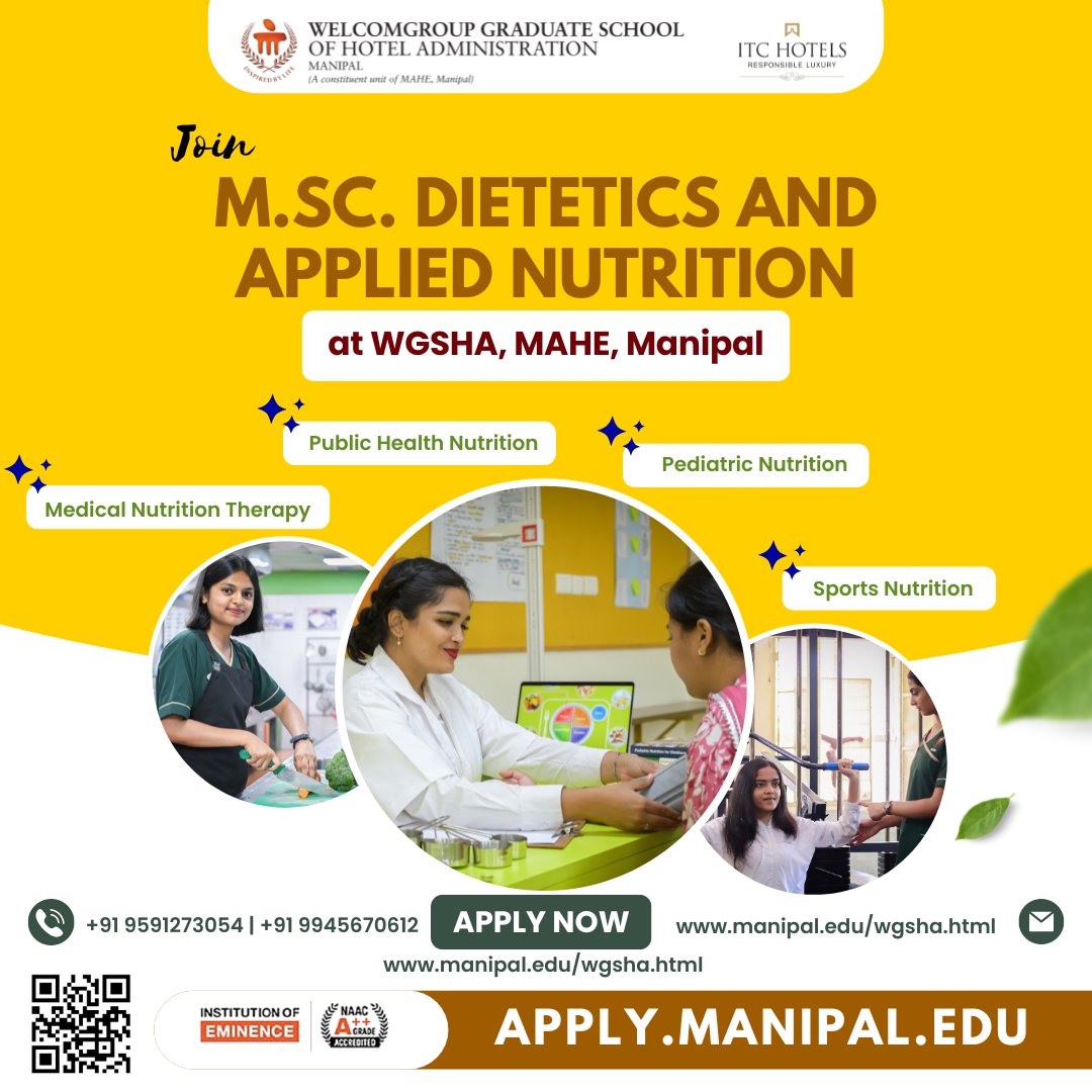Join #msc Dietetics and Applied Nutrition specializing in any 2 areas of Dietetics - Medical Nutrition Therapy, Sports Nutrition, Public Health, or Pediatric Nutrition. >> manipal.edu/wgsha/program-… #dietitians #ida #nin #admissionsopen #wgsha #mahe #manipal #nutrition #masterdegree