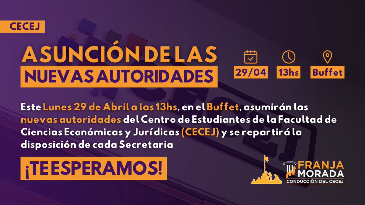 FranjaEcoyJur's tweet photo. ¡NUEVO CECEJ! ASUMEN LAS NUEVAS AUTORIDADES 💪🏻💜

Mañana a las 13hs y en el Buffet, nos encontramos para darle comienzo a una nueva gestión morada con la asunción de las autoridades en cada Secretaría del CECEJ ✍🏻

¡TE ESPERAMOS!

#FranjaMorada #CECEJMorado https://t.co/bWofTL0ImB