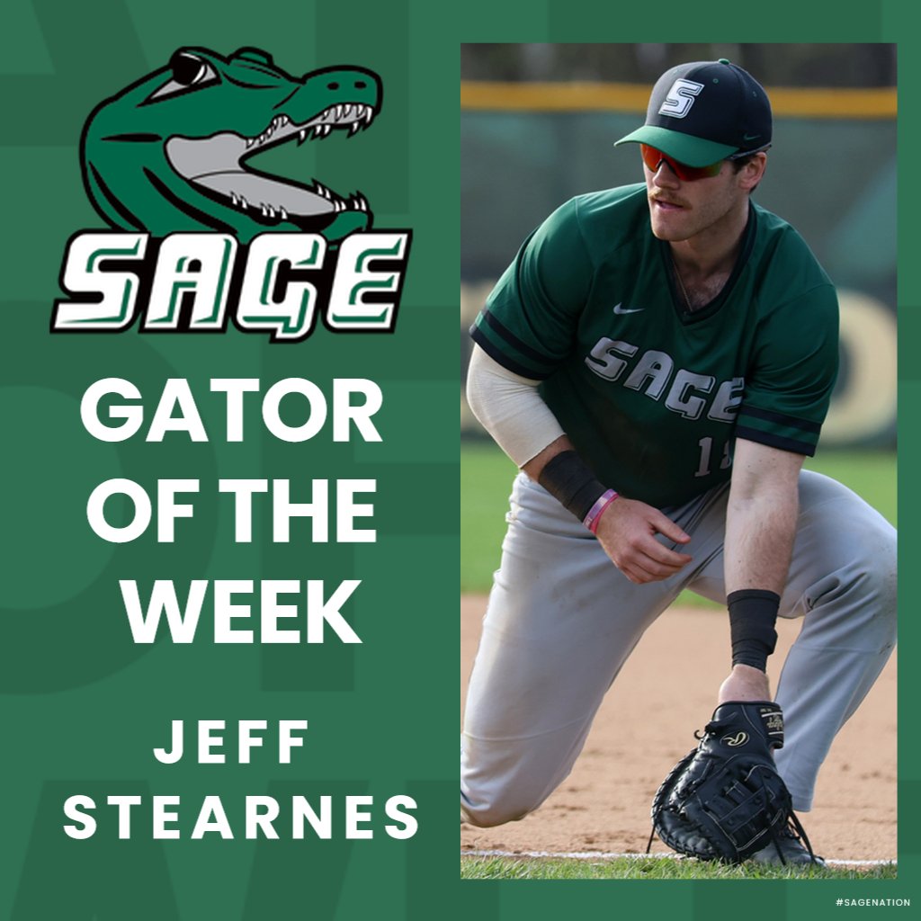 #SageNation baseball infielder Jeff Stearnes (Vergennes, Vt.) is one of the Gators of the week. The junior slashed .500/.750/.505 during a 4-1 week. The infielder hit .625 with 11 RBI, six runs scored, and three doubles to help the Gators go 4-0 against E8 competition.