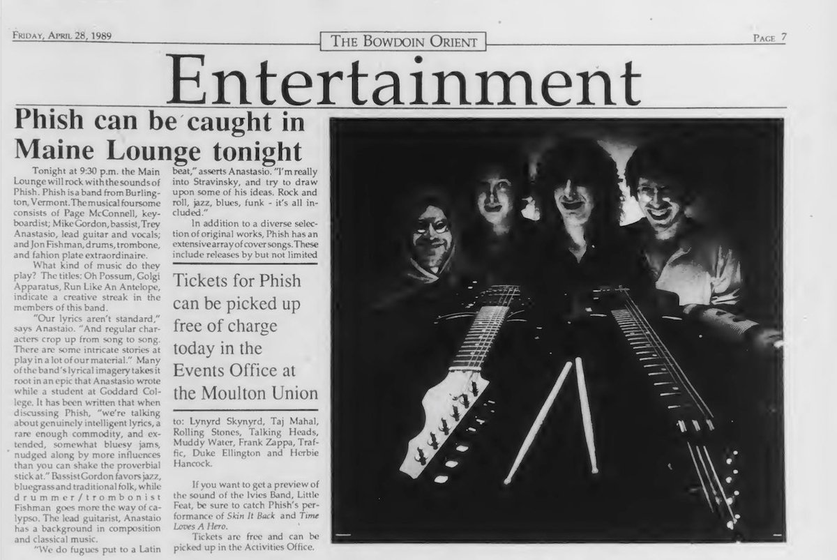 35yrs since #phish 4/28/89 @BowdoinCollege.  This was their first of 2 known Bowdoin appearances (both in ’89) - a free show in the Moulton Union Main Lounge.