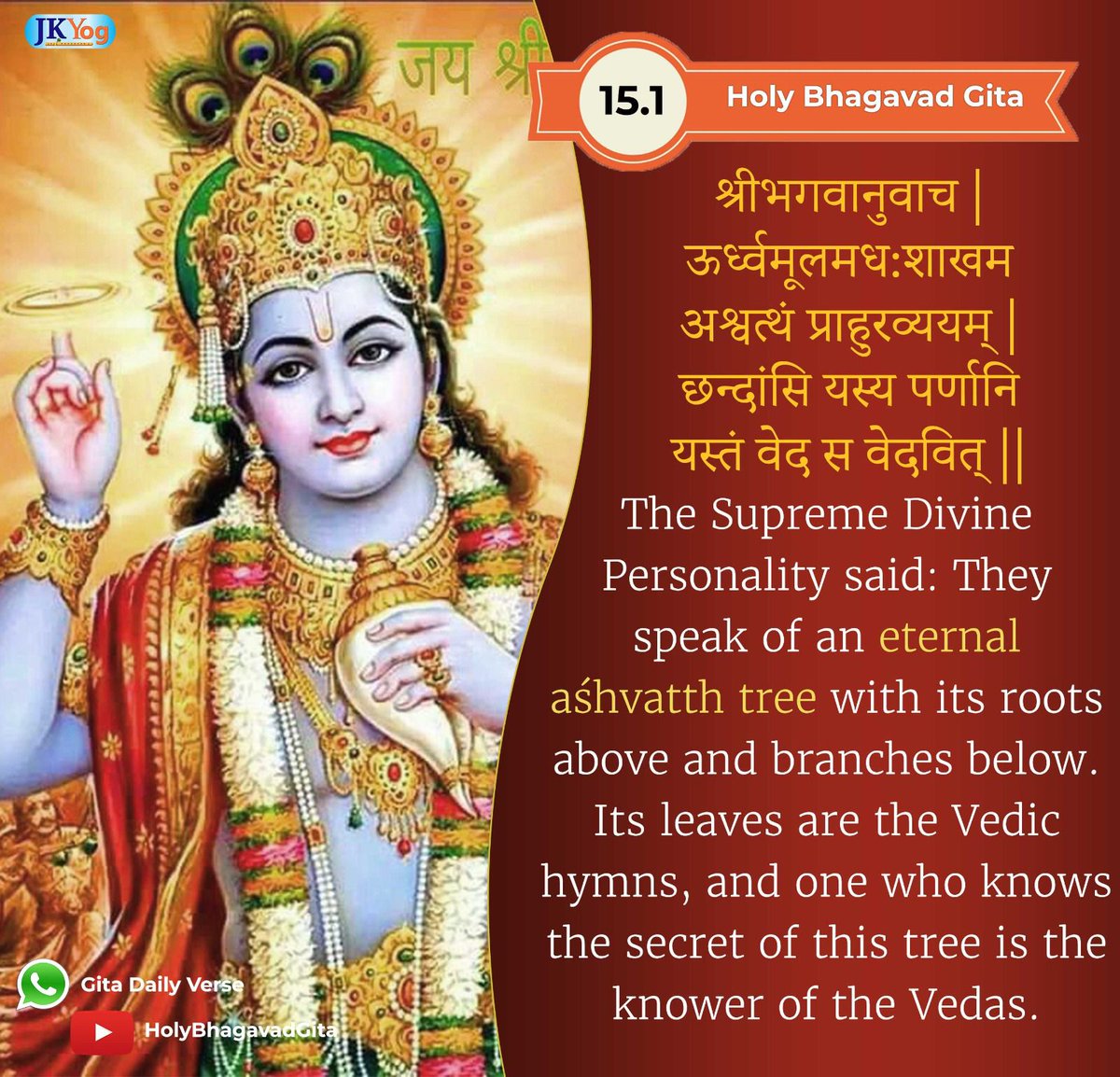 Lord Shree Krishna has mentioned that one who understands the secret of cutting this *aśhvatth tree of samsara* is the knower of the Vedas. holy-bhagavad-gita.org/chapter/15/ver…