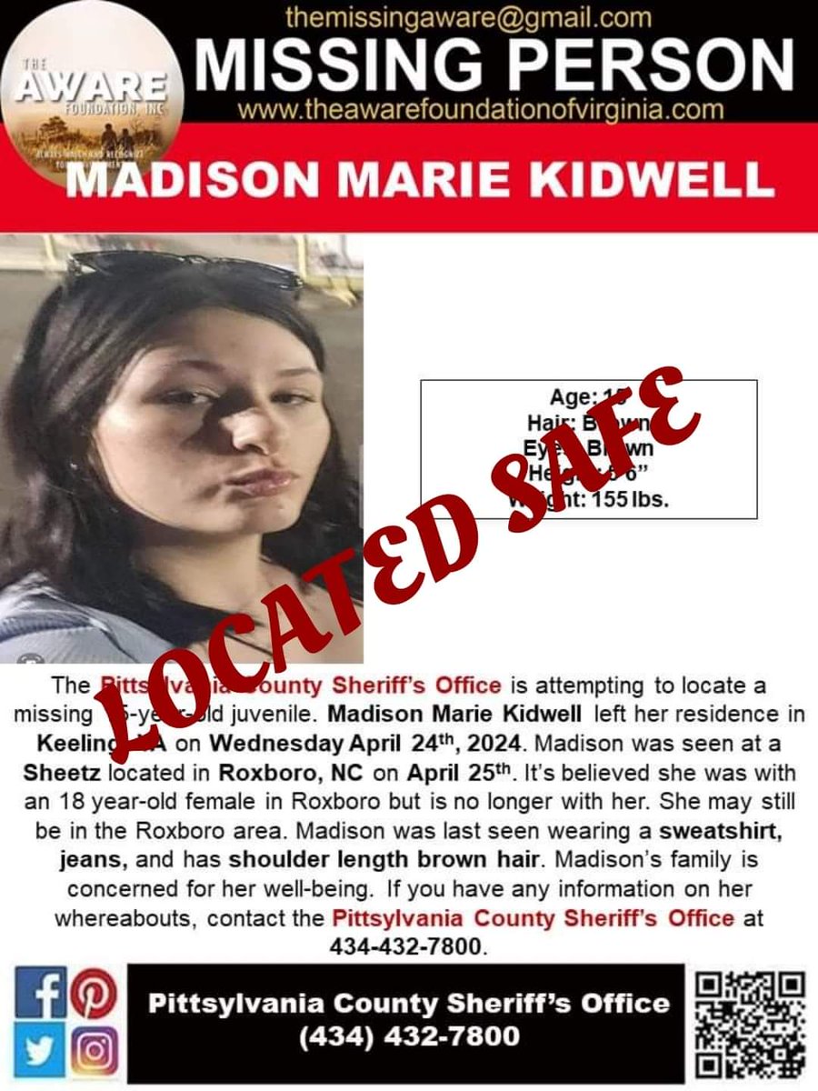 UPDATE: MADISON has been located and is SAFE. Thanks again for your help. #TheAWAREFoundation