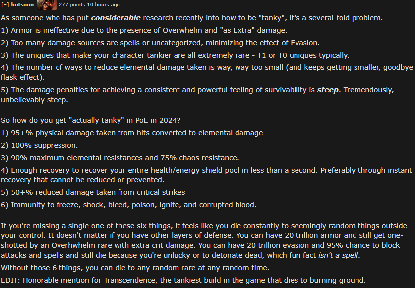 saw this in a @pathofexile reddit post and thought it deserved reposting because its painfully true and emphasizes the gaps in poe survivability balance and why it has felt poopy for years