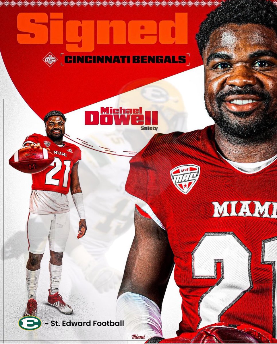 Congrats to @10MDowell ‘18, on Signing with the @Bengals as a Rookie Free Agent, Defensive Back! (@MiamiOHFootball | @MSU_Football ) #DevelopedHere | #EdsUp🦅🏆🏆🏆 🖼️ Courtesy of @miamiohfootball