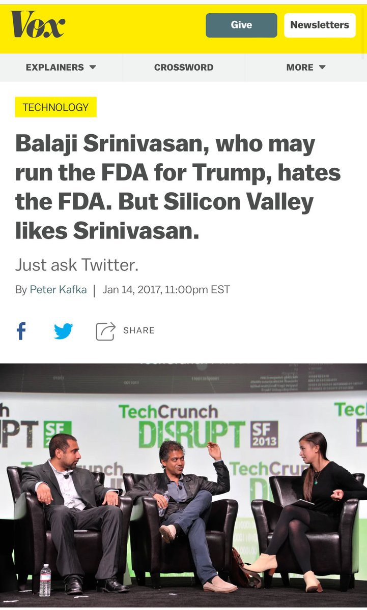 Reminder that Peter Thiel tried to get Trump to appoint Balaji as head of the FDA. This was mentioned in my 1st New Republic piece. Among those singing Balaji’s praises for the role were Ben Horowitz (andreessen-horowitz) and the Dilbert guy. vox.com/2017/1/14/1427…