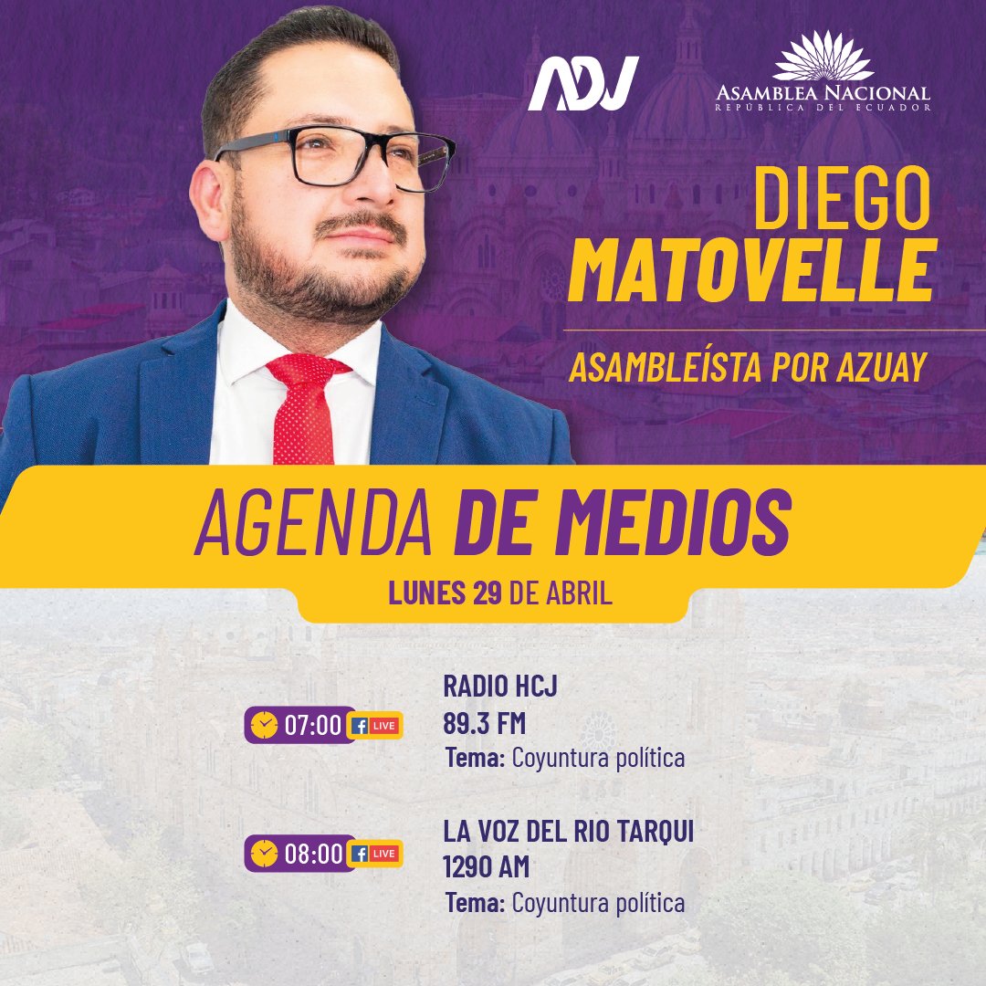 📕#EnMedios | Mañana 29 de abril dialogaremos en
@radiohcjb Y @radiotarqui1290 sobre temas de interés nacional.            

Continuamos trabajando incansablemente  por el #NuevoEcuador🇪🇨