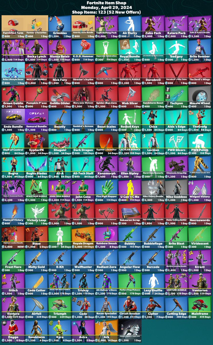 Item shop for April 29th, 2024. John Cena, Bianca Belair and Becky Lynch have returned! The Icon Series content creators are also back, along with Tricksy, All-Hallows Steve, Blaze, Venturion, Ventura, Cade, Recon Specialist, Kyra, Astra, Sandstorm, Cipher, Circuit Breaker + more