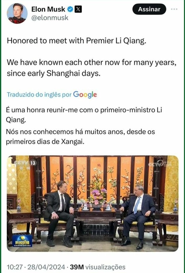 Imagine que loucura o Elon Musk, arauto da 'liberdade de expressão', da 'democracia' e do neoliberalismo, exaltando um LÍDER COMUNISTA CHINÊS e...não, espera....

Enquanto houver otários, haverá Elons Musks...