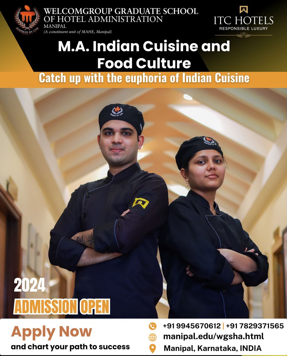 #MasterProgram #admissionopen We are delighted to unveil the commencement of applications for admission to MAIC – Indian Cuisine and Food Culture. manipal.edu/wgsha/program-… #Culinary #PGCourse #HigherEducation #applynow #TopRankingInstitute #WGSHA #Manipal #MAHE #hospitality