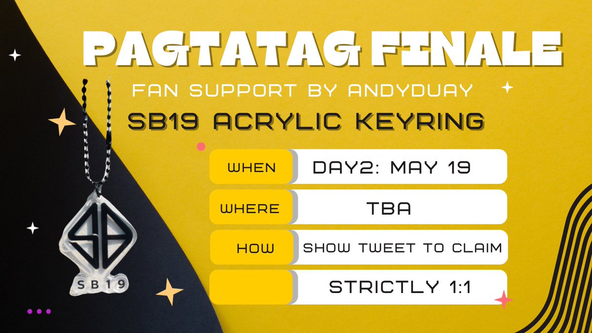 Pagtatag Finale fan support by: @andyduay

💙 FREEBIES 💙

SB19 Acrylic Keychain
 
💙 like and rt this post
💙 1:1 only, limited quantities
💙 Show proof of tweet

#SB19PAGTATAG 
#PAGTATAGFINALE