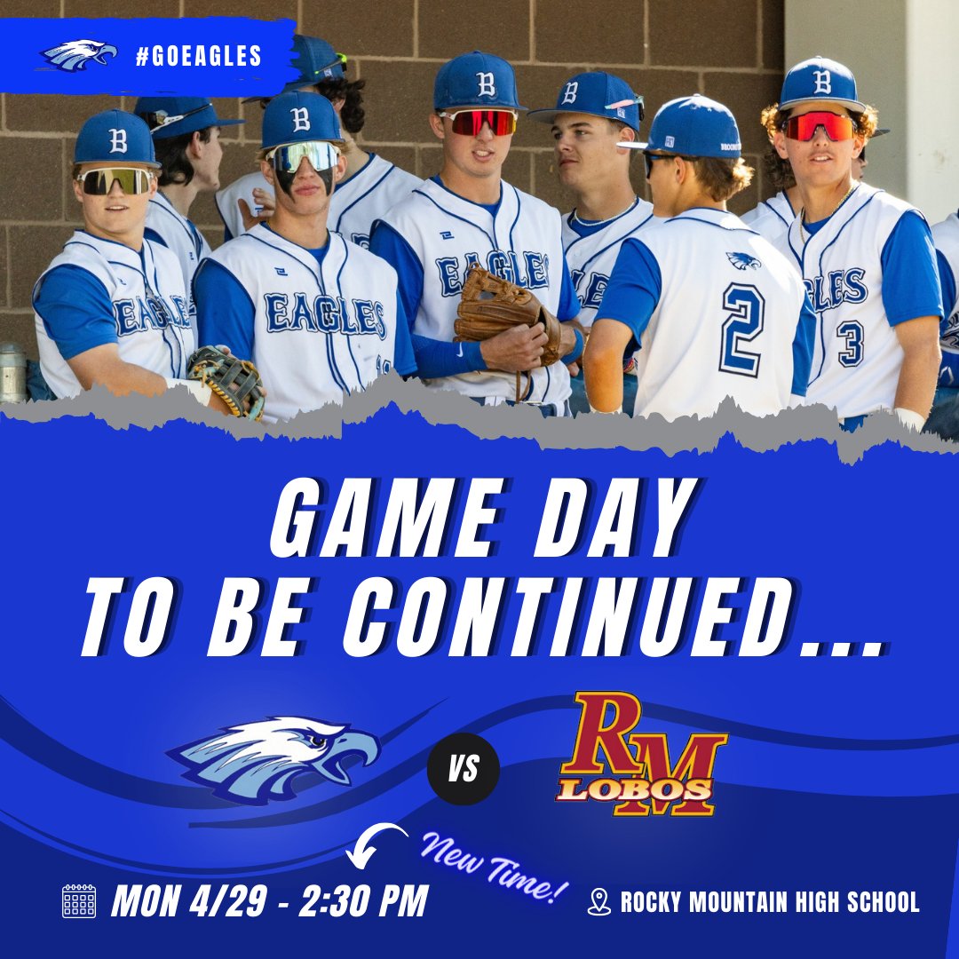 ** NEW TIME!** Varsity is away at Rocky Mountain High School @ 2:30 PM. Follow along on GameChanger: web.gc.com/teams/iC4uGnZN… Game will start where it left off at the Top of the 8th Inning with a 5-5 score! Go Eagles! 🦅 Photo: Trent Tanner