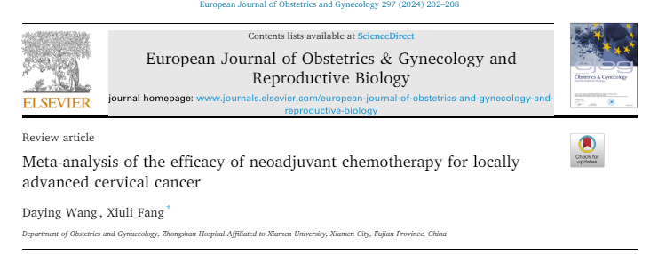 Meta-analysis- Efficacy of neoadjuvant chemotherapy for locally advanced cervical cancer 
•Improves response rates, but not overall survival. 
•Preoperatively, in young patients with CC, may have a role
•Individualized postop strategy may have benefit

doi.org/10.1016/j.ejog…
