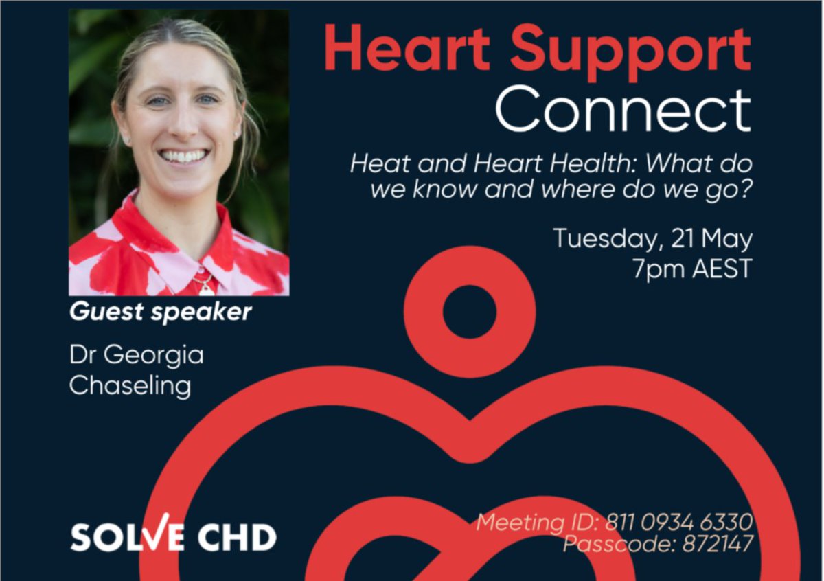 Join @heartsupportaus Tuesday 21 May for a seminar led by #SOLVECHD Superstar #Postdoc &CVD Psysio @GeorgiaKatec with experience investigating the influence of heat and exercise on thermal, #CVD, and perceptual outcomes amongst clinical populations!👇 @CPC_EMCR @sydFMH_EMCR