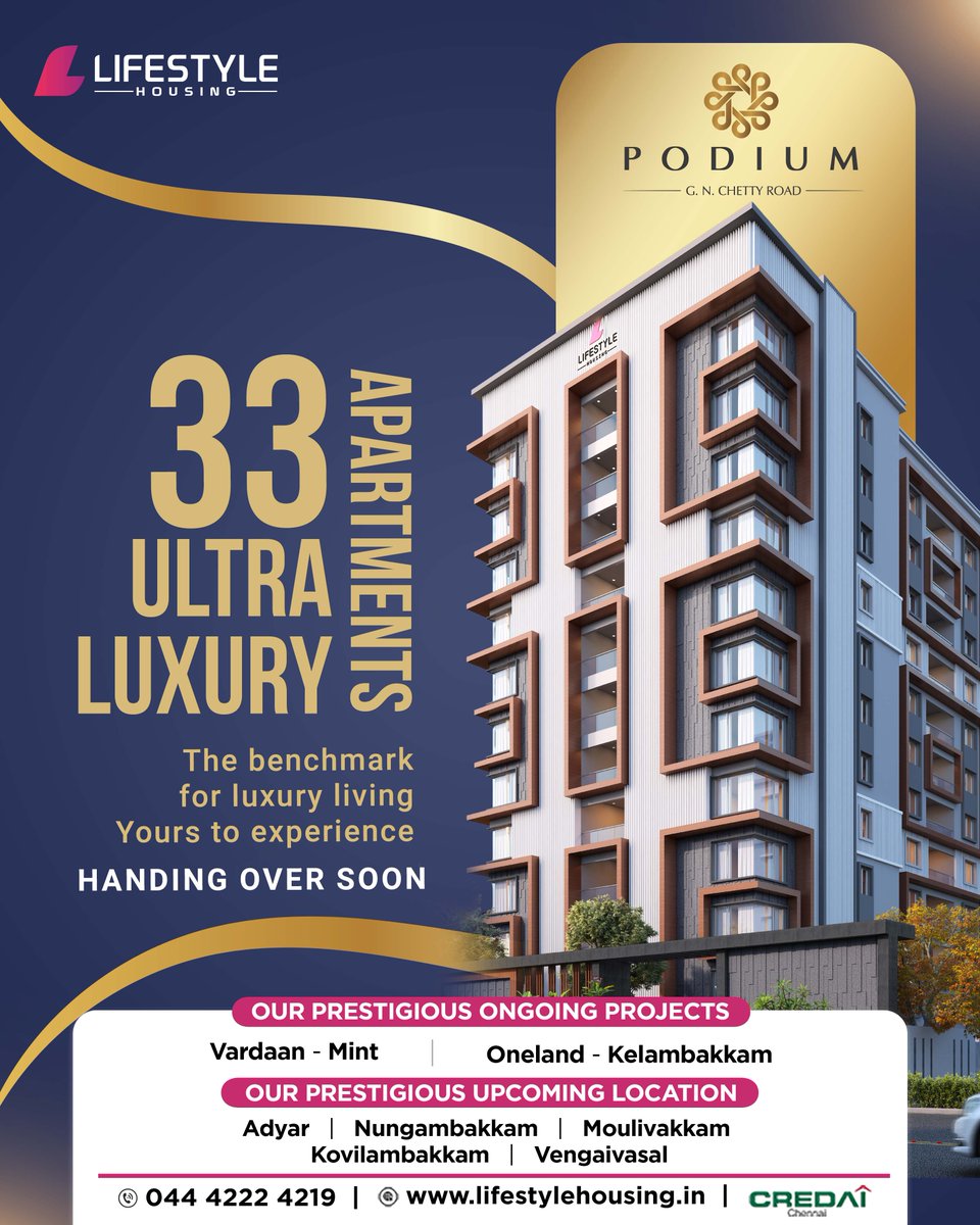 'Elevate your lifestyle at 33 Luxury Apartments, where luxury knows no bounds. With opulent amenities and breathtaking views, your new home awaits. 
#lifestylehousing  #ChennaiLuxuryLiving #LuxuryApartments #OpulentLiving #BreathtakingViews #HandoverSoon #LimitedEditionHomes