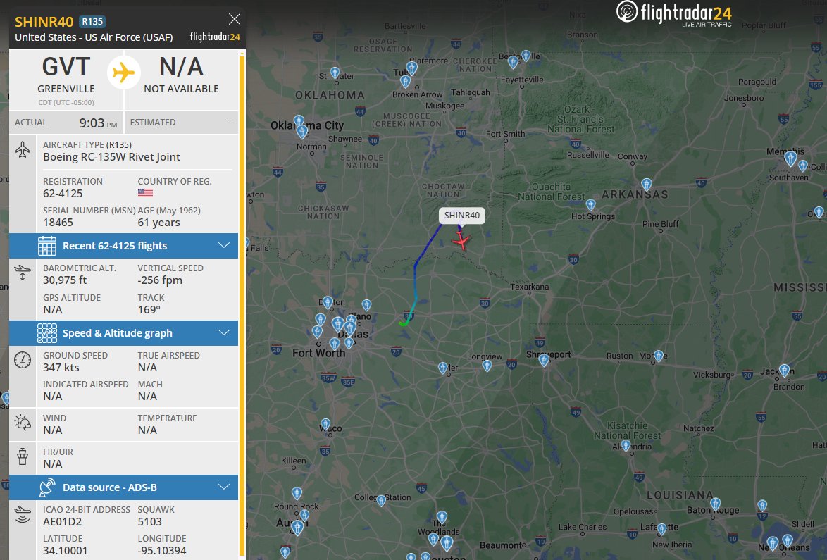 Rivet Joint 62-4125 up out of Greenville for test flight #3. It is suing the electromagnetically 'quieter' night hours to work against the multi sensor test facility. The MSTF can generate signals from HF through 40 Ghz providing a multitude of simulated targets.