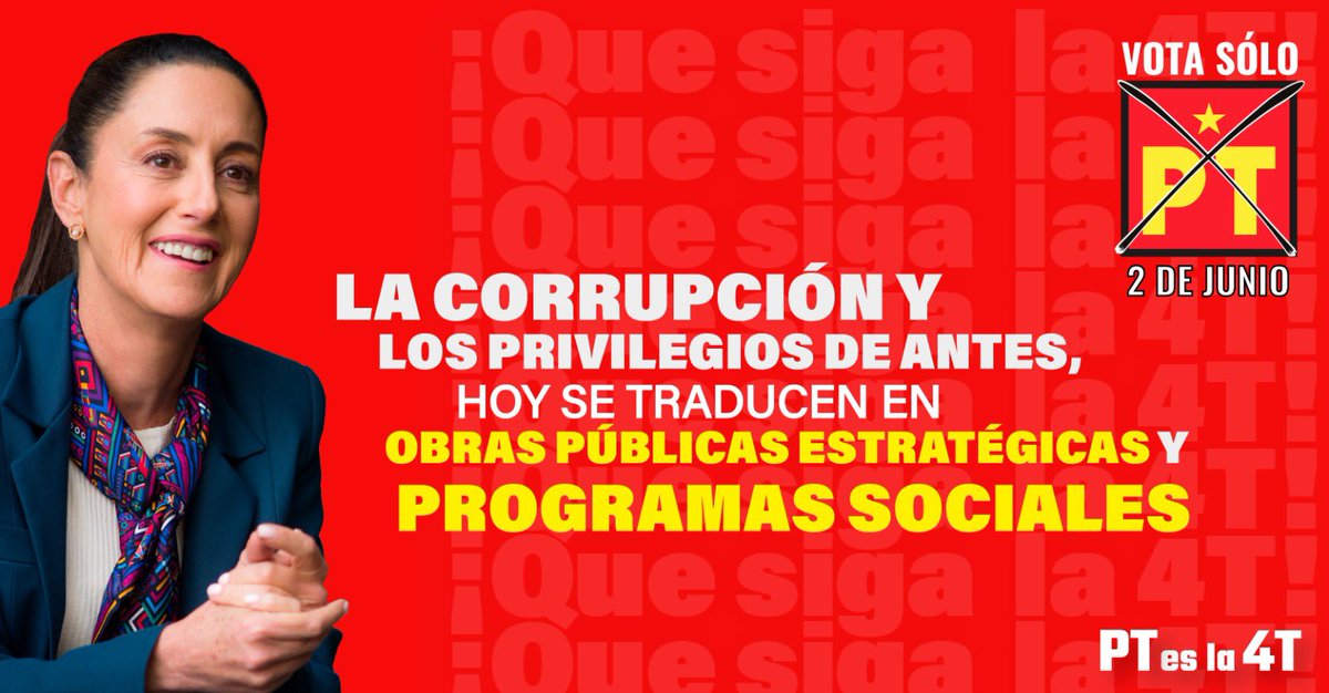 La corrupción y los privilegios de antes, hoy se traducen en obras públicas estratégicas y programas sociales que hoy son derechos. 

<a href="/Claudiashein/">Claudia Sheinbaum Pardo</a> 

Este 2 de junio, ¡VOTA TODO PT!

#PTesla4T #VotaTodoPT 
#VotaClaudiaVotaPT #PlanCconelPT #ClaudiaArrasaDebate