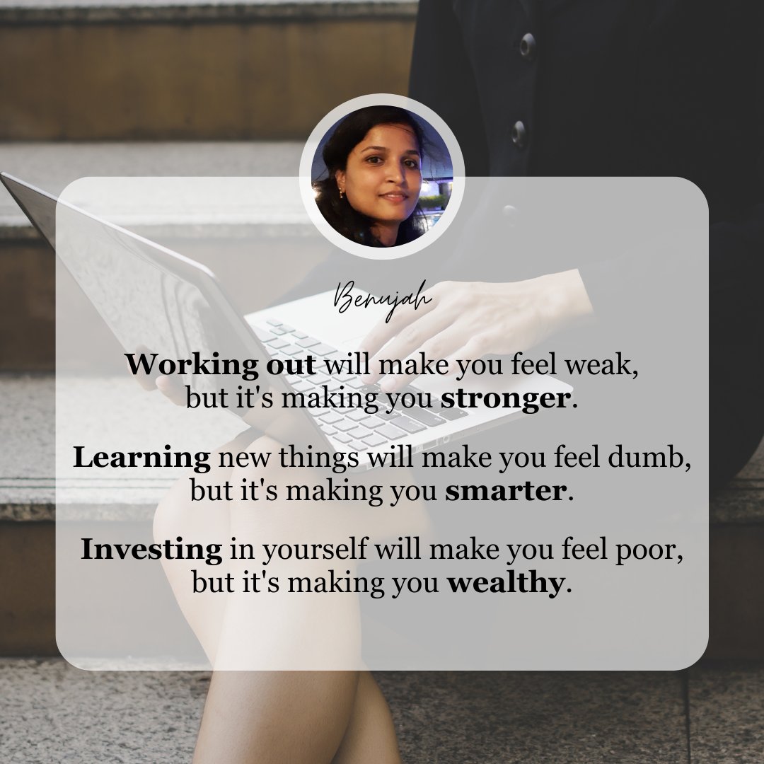 Working out will make you feel weak, but it's making you stronger ​
Learning new things will make you feel dumb, but it's making you smarter ​
Investing in yourself will make you feel poor, but it's making you wealthy​

#BelieveInYourself #SheEmpowers​ @crezeal_digital
