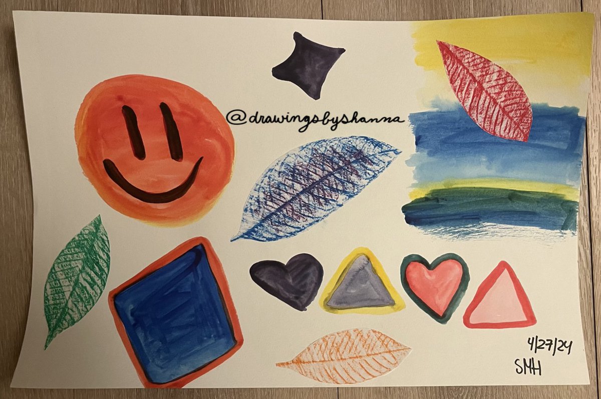 Shanna1498's tweet photo. I taught kids how to make leaf rubbings and watercolor paintings; this is what I did for the demo 🍃🎨🖍️ #art #ArtistOnTwitter #artistonx #traditionalart #watercolor #oilpastels #watercolorpaper #paint #painting #shapes #smileyface #pattern #primarycolors #secondarycolors #lesson https://t.co/toH7xmDZMx