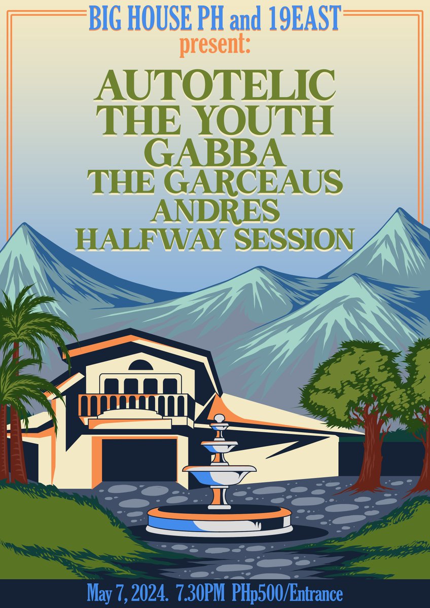 Because our Twitter friends see it first. 

Another eclectic evening of live music from Big House PH and @19east:  

@AutotelicMusic, The Youth, @gabbasantiago, 
The Garceaus, Andres, and Halfway Session

May 7, 2024 PHp500/Door

#localmusic #opm #19east #liveevents