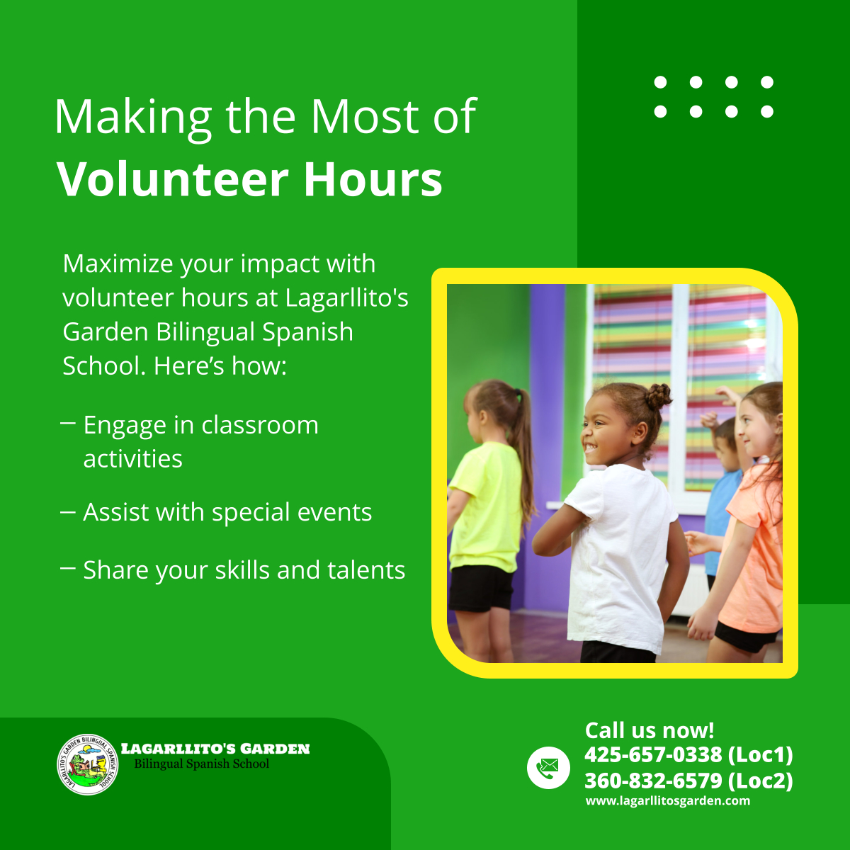 Dive into the rewarding world of volunteering at Lagarllito's Garden Bilingual Spanish School! Discover how you can make a difference by getting involved in classroom activities and special events. 

#IssaquahWA #ChildCare #VolunteerOpportunities