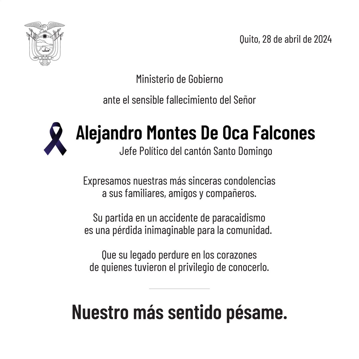 🕊️ Expresamos nuestro profundo pesar ante el fallecimiento de Tex Montes De Oca Falcones, Jefe Político del cantón Santo Domingo de los Tsáchilas.