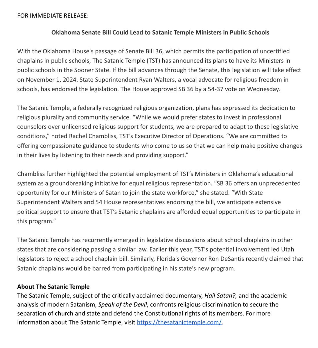The Satanic Temple announce plans to have its ministers in Oklahoma schools if SB 36 (bill that allow hiring school religious chaplains) passes…

“SB 36 offers an unprecedented opportunity for our Ministers of Satan to join the state workforce,”

<a href="/kfor/">KFOR</a>