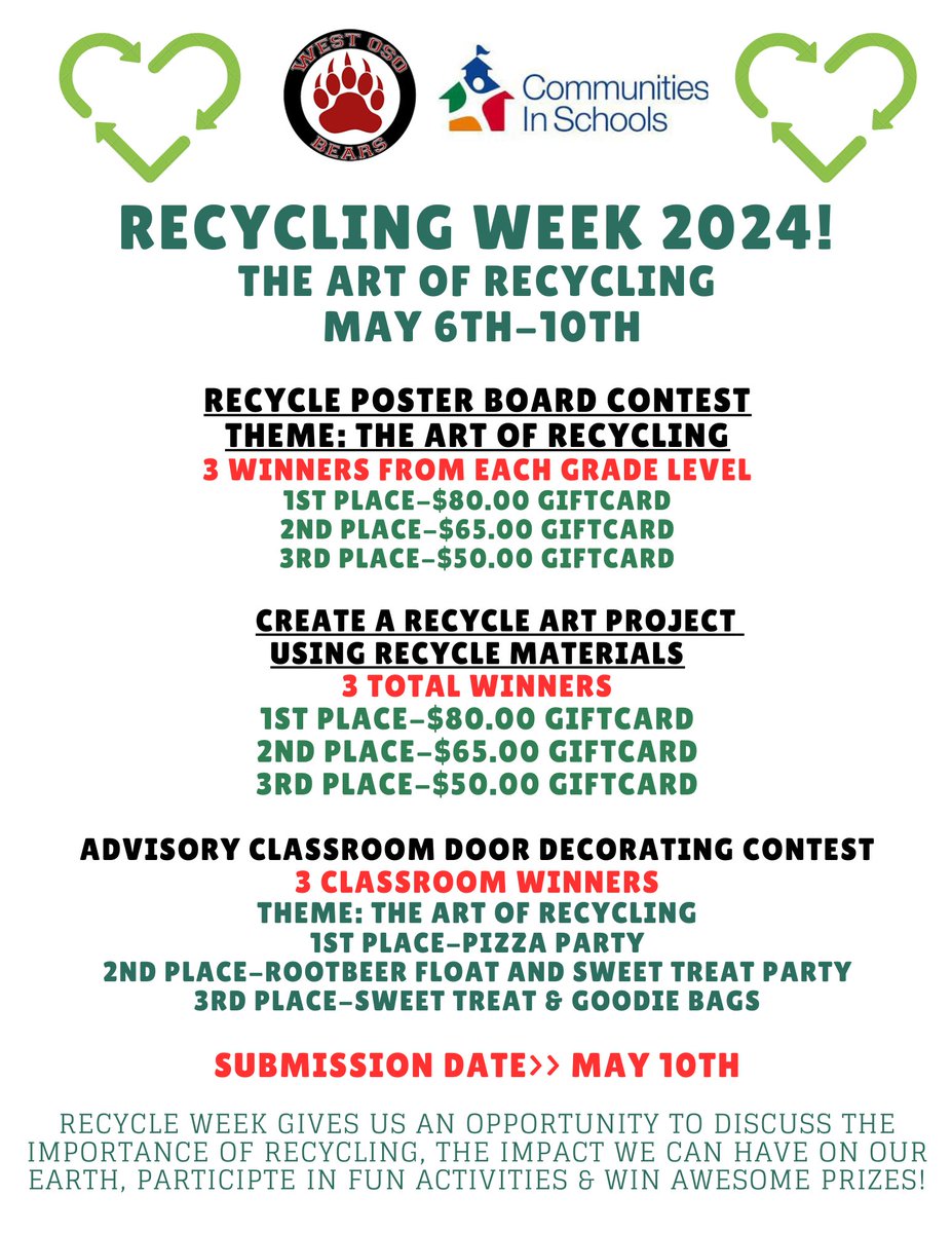 from WOJH: Recycle Week 2024 is next week. Check out the flyers for upcoming activities and dress up days.