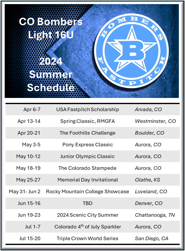 Here is our 2024 Summer Tournament Schedule! Would love to see coaches come and check us out! @cobomberslight <a href="/CoachTedM/">Ted Morrell - Asst. Coach</a> <a href="/THROWformance/">Sean McCourt</a> <a href="/creekfastpitch/">Cherry Creek Softball</a>