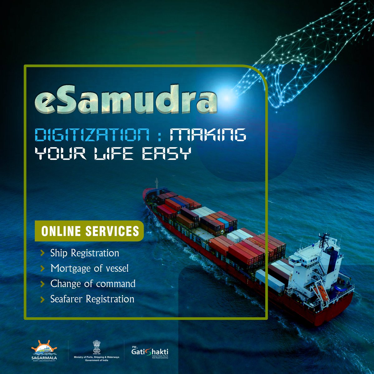 The @dgship_goi,under MoPSW, provides online module for registering ships & mortgages thereby avoiding physical presence of the people at the Mercantile Maritime Department. >Log in to dgshipping.com >Click on eSamudra >Fill out the online form & submit @_DigitalIndia