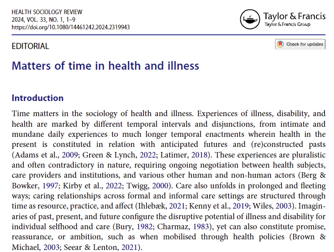 New special issue of @HealthSocRev, co-edited by @ManxomeMia, myself and Sophie Adams. Matters of Time in Health and Illness features our editorial and 7 excellent articles critically exploring sociological perspectives on temporality in health. tandfonline.com/toc/rhsr20/33/1