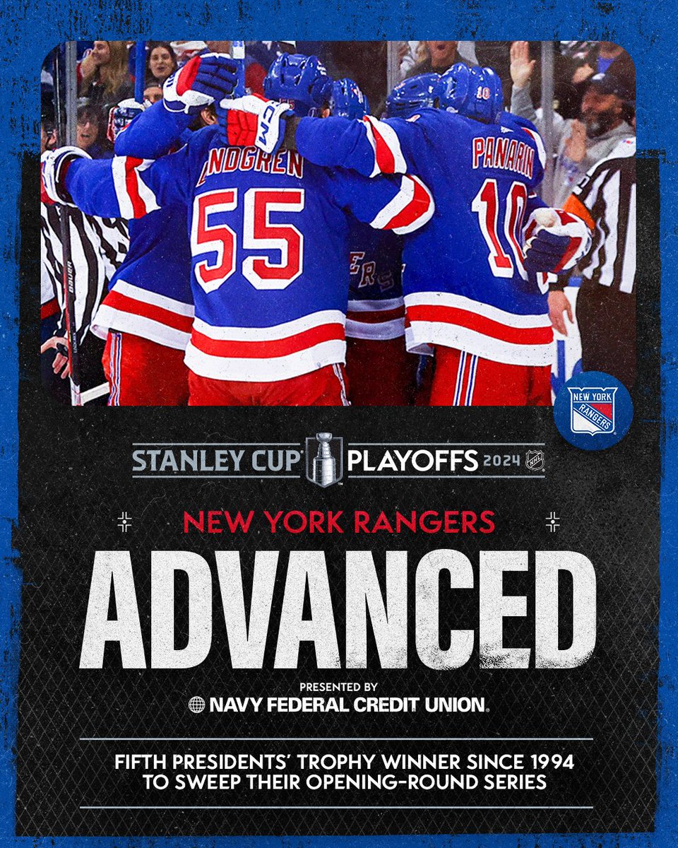The @NYRangers are the first team to advance to the Second Round of the 2024 #StanleyCup Playoffs! The Presidents’ Trophy winners earned their fourth sweep of a best-of-seven series in franchise history, following the 2007 CQF, 1994 CQF & 1972 SF. #NHLStats:…