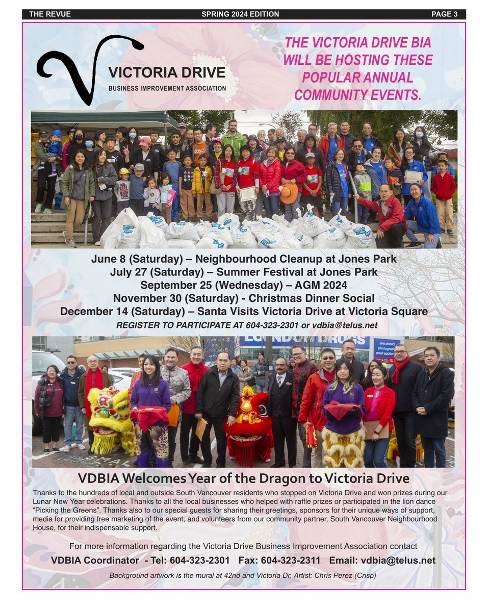 Victoria Drive Business Improvement Assoc. Spring and Summer events. As seen in The Spring 2024 Edition of The REVUE online at revuecommunitynews.com

#VDBIA #VictoriaDrive #SouthVan #community #neighbourhood #victoriadr #smallbusiness #shoplocal #springevents #summerevents