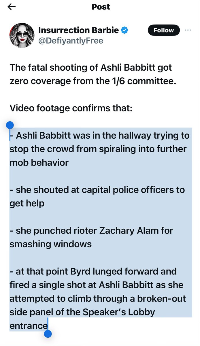 This is 100% 🐂💩. One need only look at the video to see this narrative is false. I am neither saying Ashli Babbit deserved to die, nor that her death wasn’t tragic. But she put herself needlessly and unlawfully at the forefront of harm’s way and she paid the price. 🚫Martyrdom