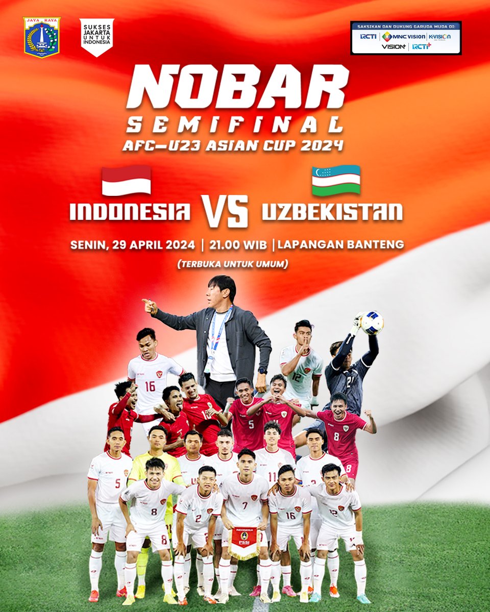 TERUS MENYALA TIMNASKU!! 🔥🔥🔥

Yuk, nobar bareng pertandingan Semifinal U-23 Asian Cup 2024 Indonesia melawan Uzbekistan di Lapangan Banteng!

#dkijakarta #suksesjakartauntukindonesia #JagaJakarta #timnasindonesia #u23asiancup2024 #jakpro