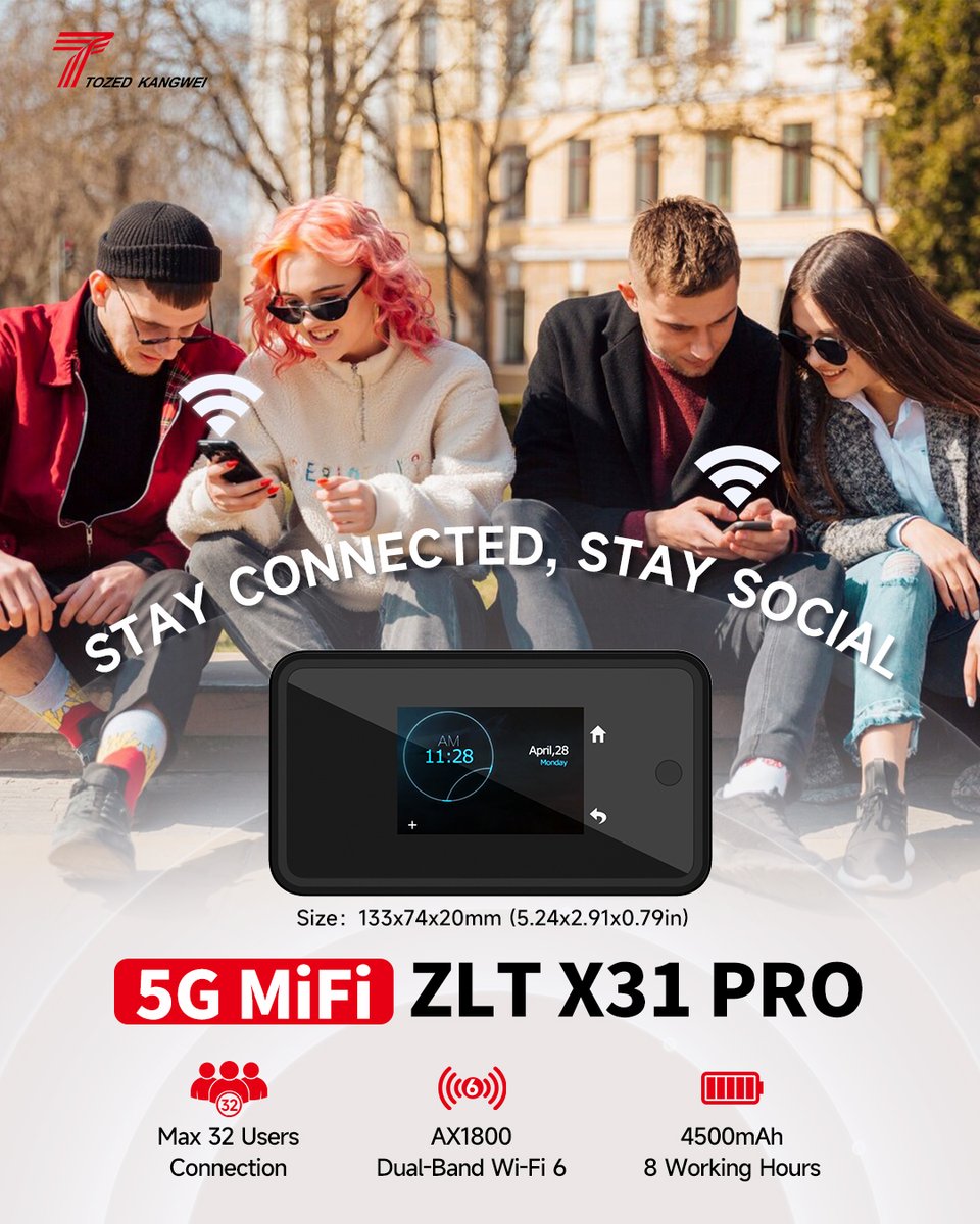 Check out the powerful connection capacity of #5G MiFi ZLT X31 PRO for social networks!
✅ Seamlessly connect up to 32 users
✅ Dual-Band Wi-Fi 6 (AX1800)
✅ A robust 4500mAh battery, lasting up to 8 hours
#TozedKangwei #ConnecttoBetterFuture